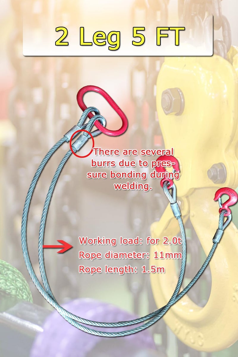 BORUI Wire Rope Sling Two Leg1/2Inch X 5 Ft Wire Rope 4410lbVertical Rated Capacity Heavy Duty Rope 2 Leg with Sling Hooks Heavy Duty Rigging Cable for Lifting and Towing 【 Two Leg-2ton】 - Image 5